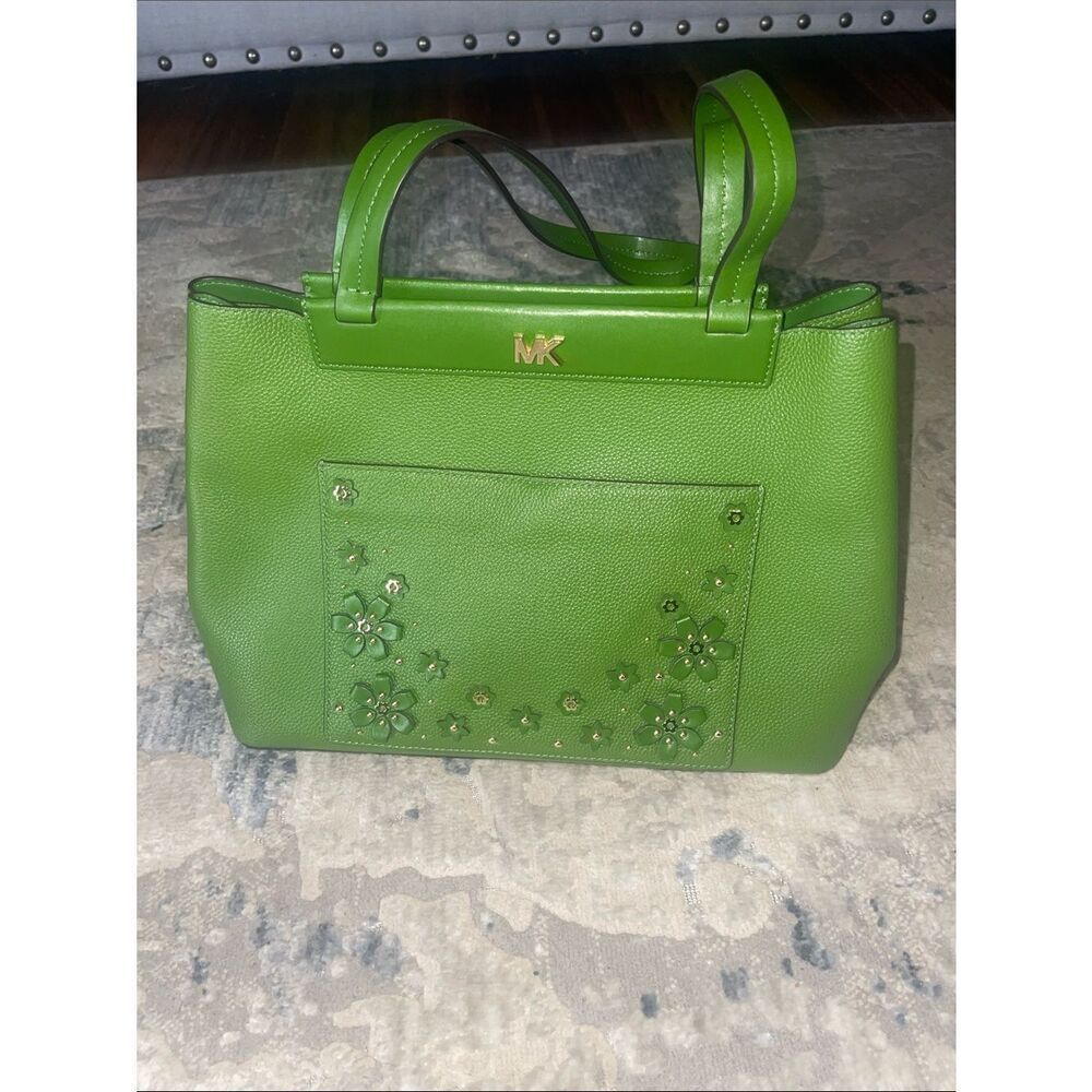 Michael Kors Lime Green Leather Floral Applique Tote